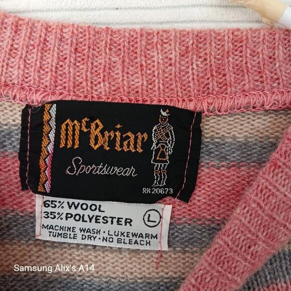 McBriar Mens Sz Large Shetland Wool Pullover  Knit Pink Gray beige striped Vtg - Picture 2 of 6